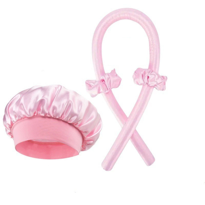 Set rosa de 4 piezas (bolsa OPP) (gorro + 2 gomas para el pelo + rizador)