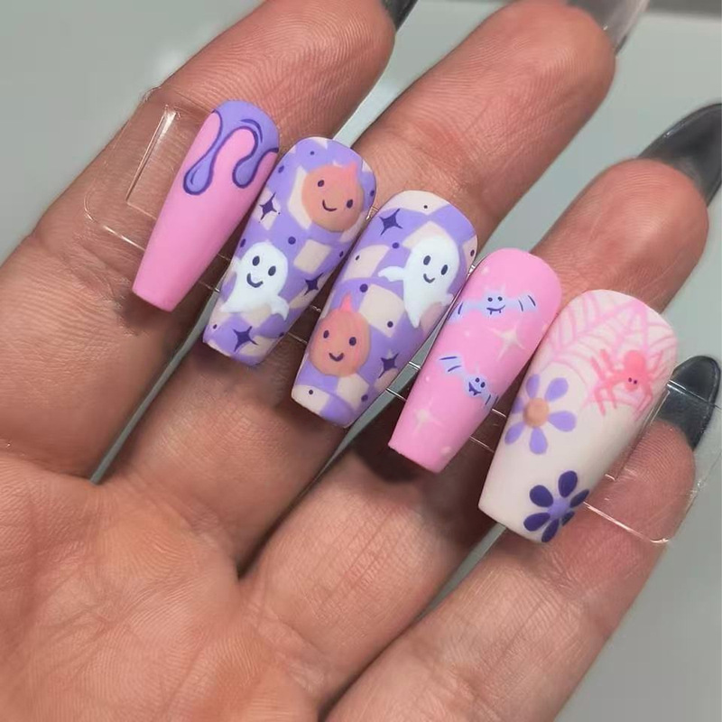 2025 Halloween Cartoon Ghost Purple Pink Flower Spider Design Wearable Manicure Nail Patch Foreign Trade Model 2025 Halloween Cartoon Ghost Purple Pink Flower Spider Design Wearable Manicure Nail Patch Foreign Trade Model