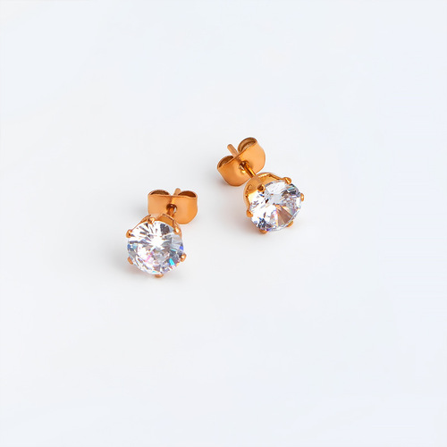 Rose gold zircon earrings for women, six-claw single diamond, titanium steel earrings, non-fading, sparkling, attractive and sparkling diamonds
