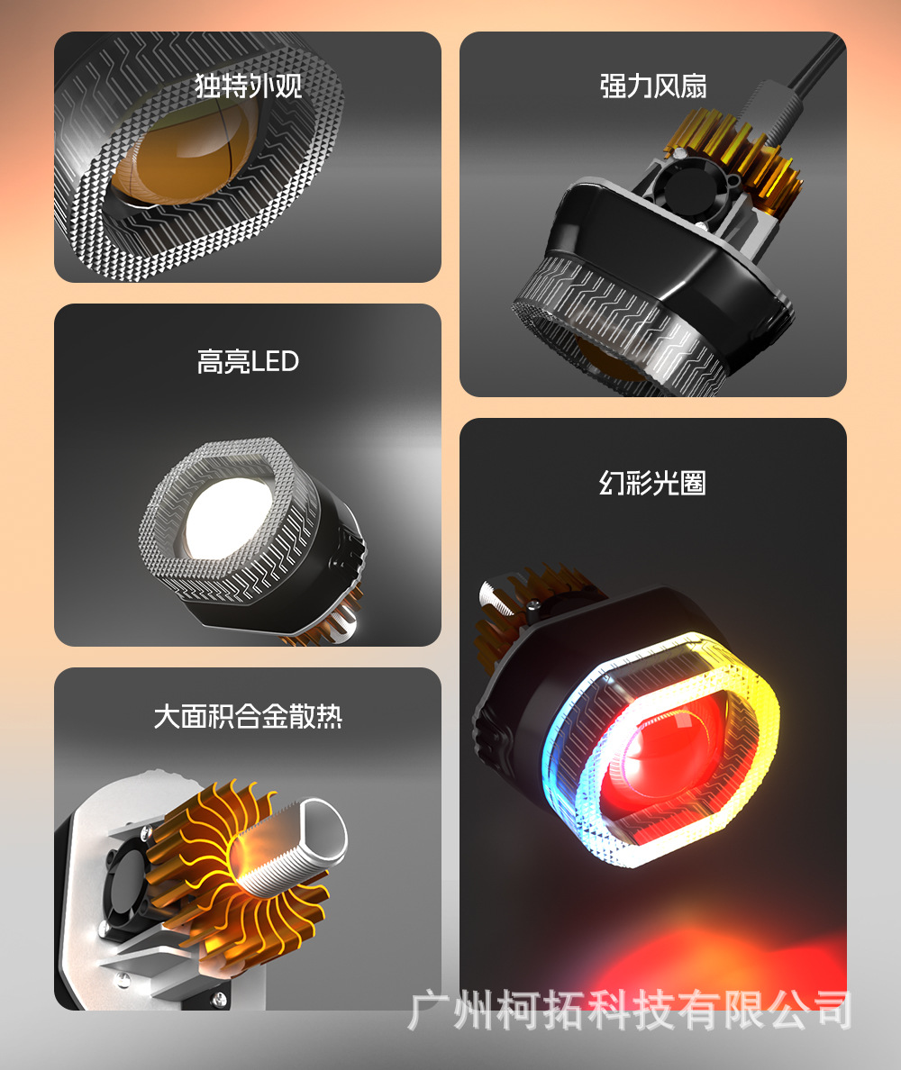 New cross-border model 3inch motorcycle headlight with fan, demon eye front light, angel eye, and colorful aperture