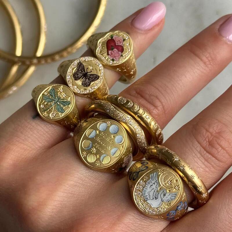 Titanium Steel Fashion Light Luxury Painted Statement Ring Butterfly Heart Rabbit Small Flower Personalized Design 14K Titanium Steel Fashion Light Luxury Painted Statement Ring Butterfly Heart Rabbit Small Flower Personalized Design 14K