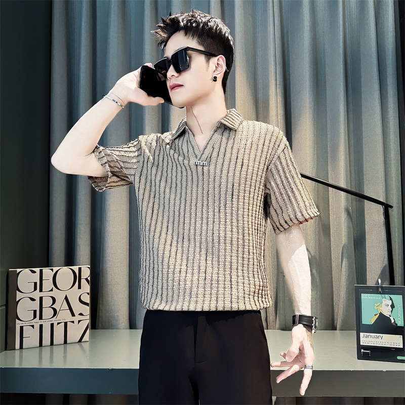 Striped V Neck Short-Sleeved Polo Shirt Men's Summer High-End Half-Sleeved Handsome Casual Men's Tops 2025 New T-Shirt t