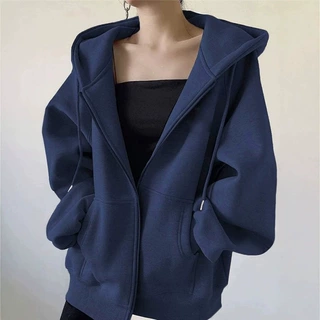专柜藏蓝色即墨纯棉卫衣女秋冬季加绒加厚宽松开衫连帽棒球服
