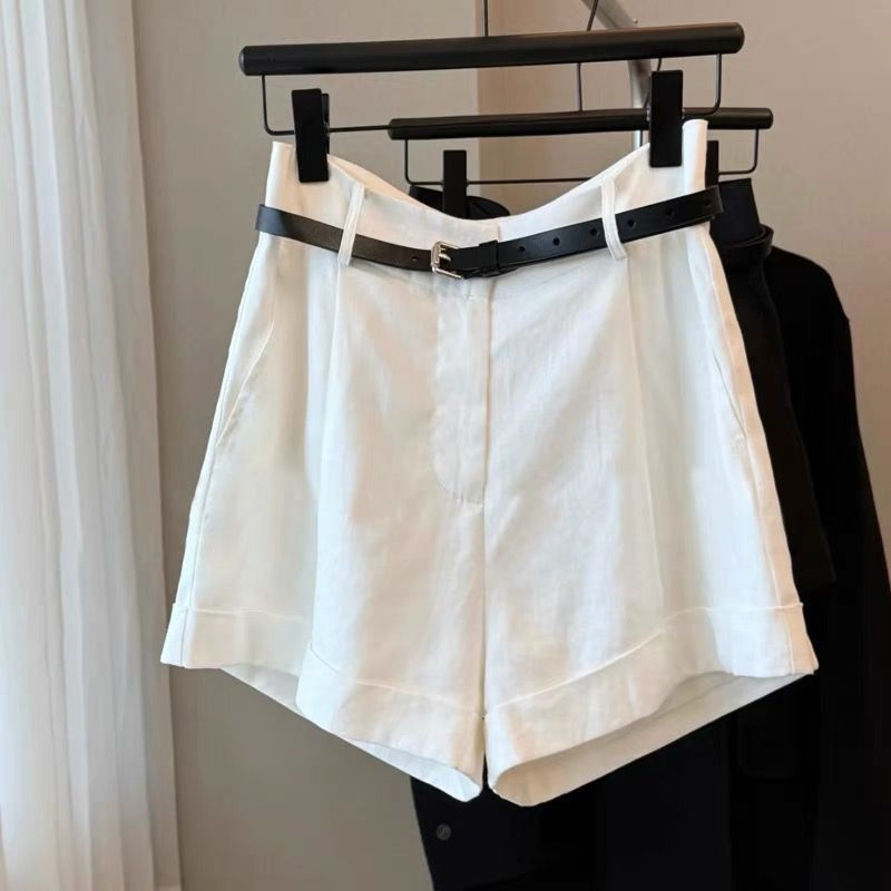Highly Recommended! Old Money Style White Casual Linen Cuffed Shorts for Women, Summer High-Waisted Wide-Leg Pants That Make Legs Look Longer