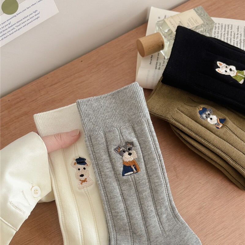 "Therapeutic Puppy" Schnauzer Autumn/Winter New Women's Mid-Calf Socks Wide Striped Cotton Cute Slouchy Long Socks
