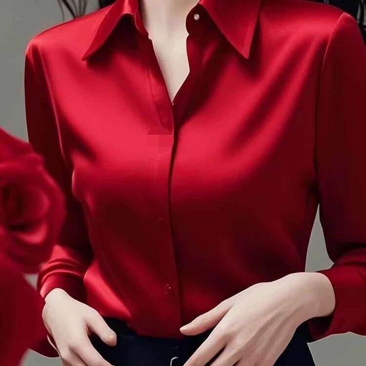 100 Genuine High-End Silk Shirts from Clearance Stock] Loose-Fitting Women's Long-Sleeve Silk Shirt in Solid Color