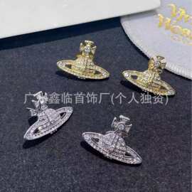 实拍西太后经典款满钻土星平面耳钉百搭耳饰厂家批发耳钉跨境直销
