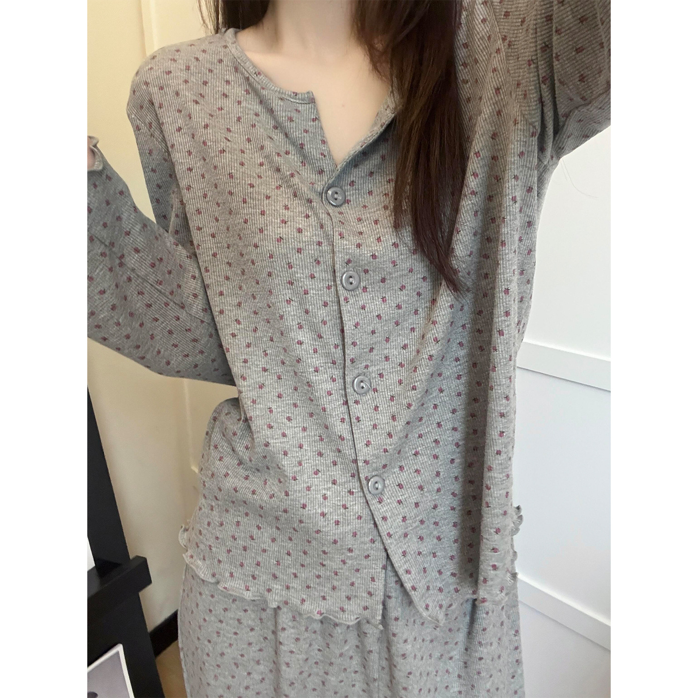 Korean Floral Design Printed Skin-Friendly Pure Cotton Pajamas for Women Spring & Fall Cardigan Pants Home Wear Set for Going Out