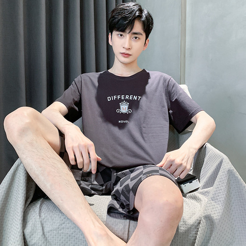 Summer men's short-sleeve pajama set, thin cotton casual plus-size youth home clothes, men's loose set for summer