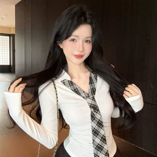 韩系拼色格纹领带修身打底长袖T恤女春秋设计感纯欲辣妹风上衣潮