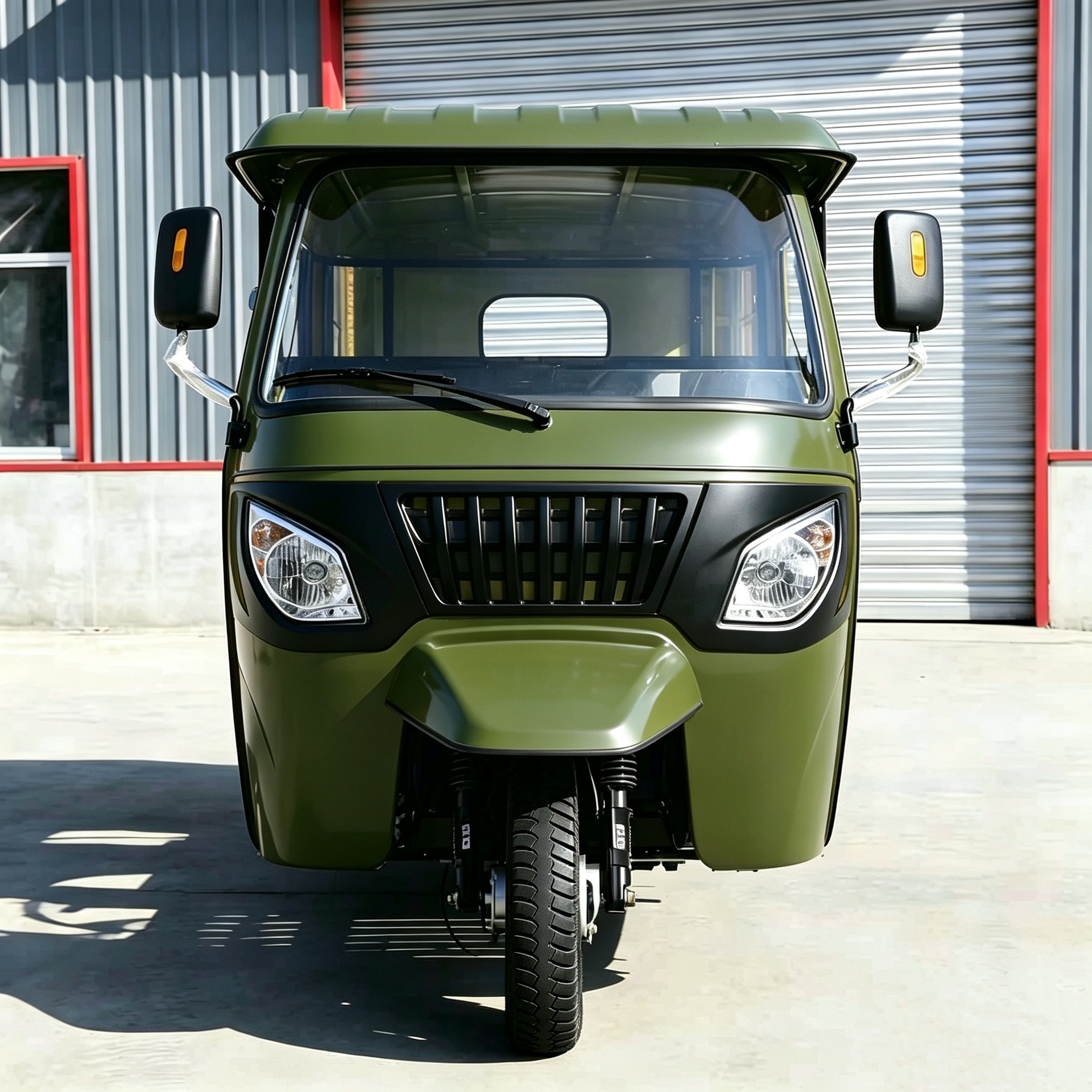 Southeast Asia's best-selling army green fuel-powered tricycle with a thickened frame and multi-seater cabin for urban and rural passenger transport and construction site use