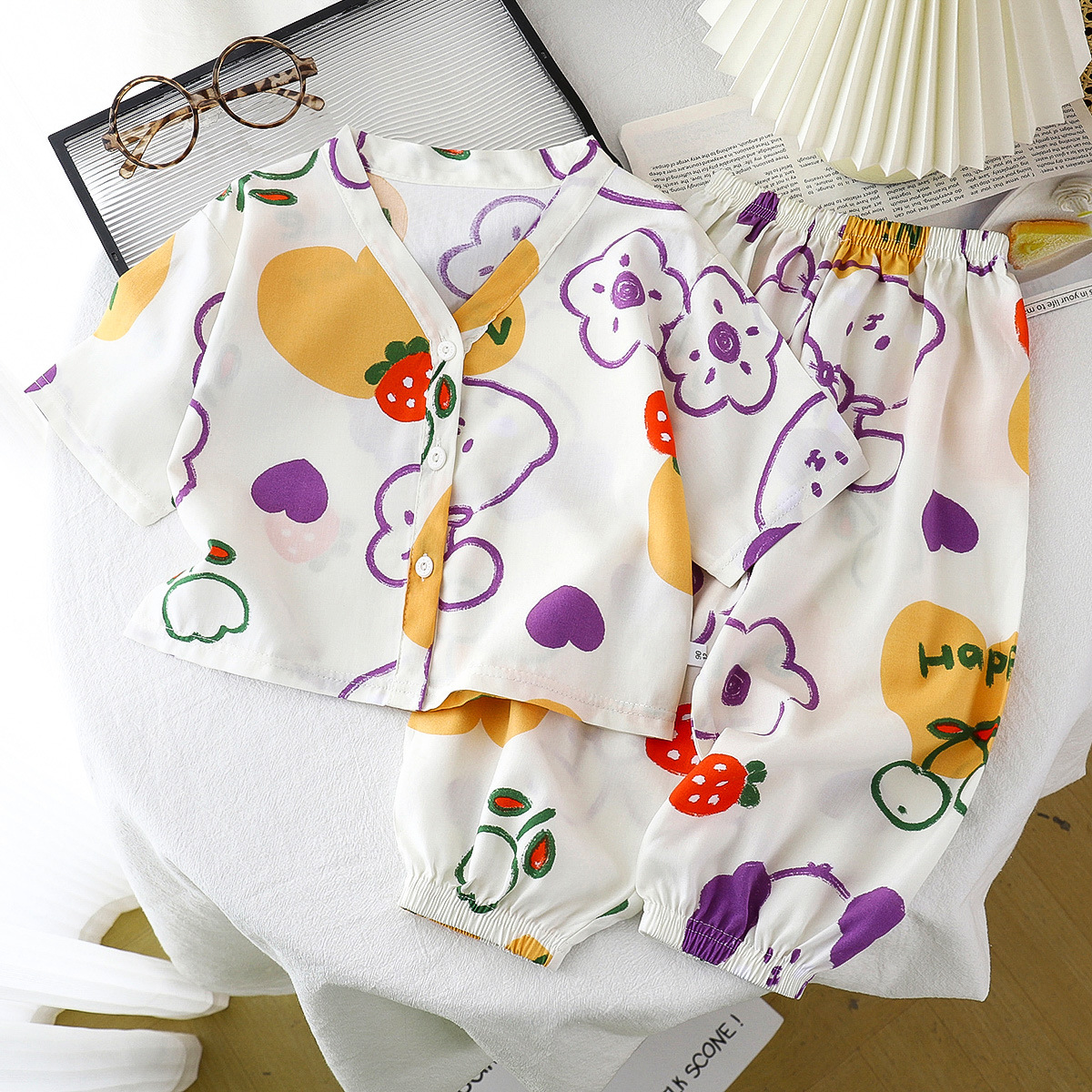 Ropa de hogar para niños, traje de seda de algodón, pijamas de verano para niños y niñas, ropa de algodón de dos piezas, ropa de aire acondicionado de seda de algodón de dos piezas, ropa para niños