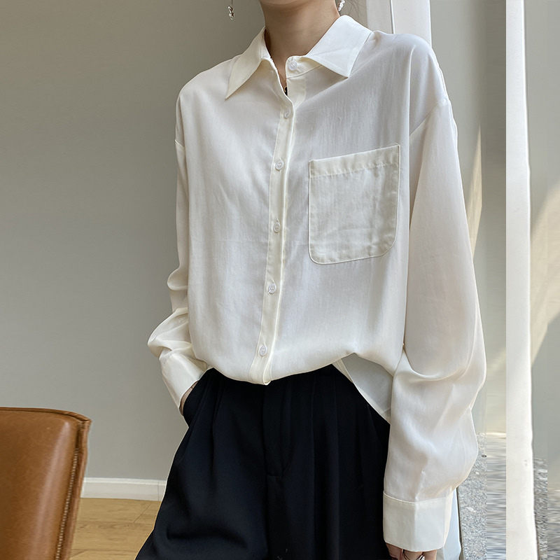 2023 herbst Neue Casual Design Gefühl Lyocell Sky Silk Hemd Einreiher Lange Ärmeln Hemd Futter_voghion.com