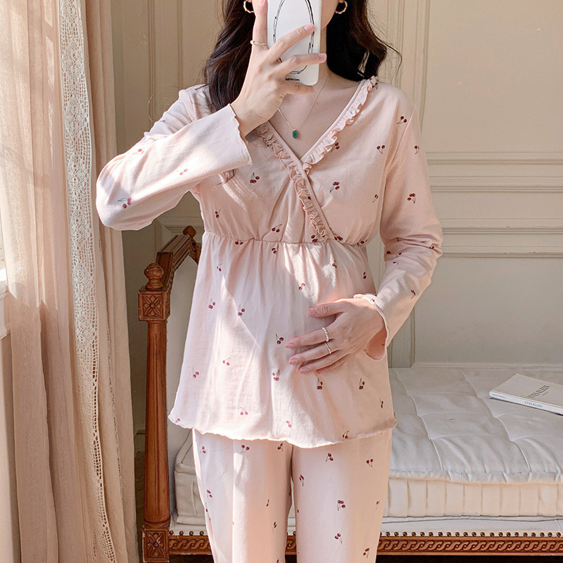 [Spring and Summer Spot 2203] Pregnant Women's Spring Autumn Clothes and Pants Underwear Nursing Pajamas Suit Women's Pure Cotton Moon Clothes
