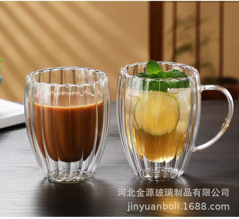 Tazas de vidrio a rayas de doble capa personalizadas, tazas de vidrio a rayas de alta resistencia al calor, tazas de leche de oficina, tazas de desayuno