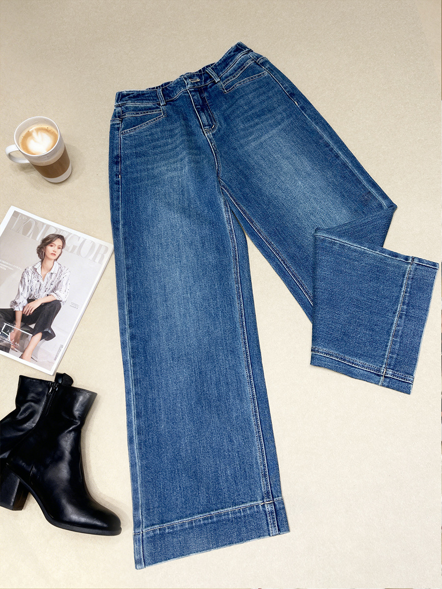 Quần jean nữ ống rộng cạp cao 9 phân, dáng suông slim fit, chất vải chống thấm — màu xanh nhạt