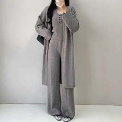 韩系法式气质三件套挂脖针织背心＋长款开衫＋直筒长裤批发现货