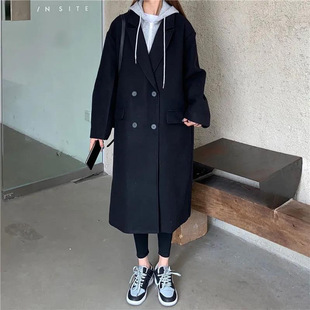 Fake Two-Piece Woolen Outwear 2023 Winter Korean Style Loose Mid-Length Splicing Hooded Thickeneded Woolen Outwear for Women