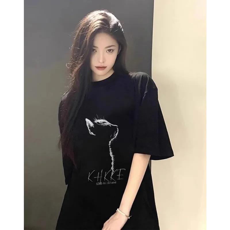 2026 New Black Pure Cotton Short-Sleeve T-Shirt for Women, American Style, Loose and Casual, Ins-Style, Flattering and Slimming, Mid-Length Top, Trendy