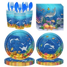 新款海洋海底世界小鱼海豚派对纸杯纸盘刀叉勺桌布横幅生日装饰品