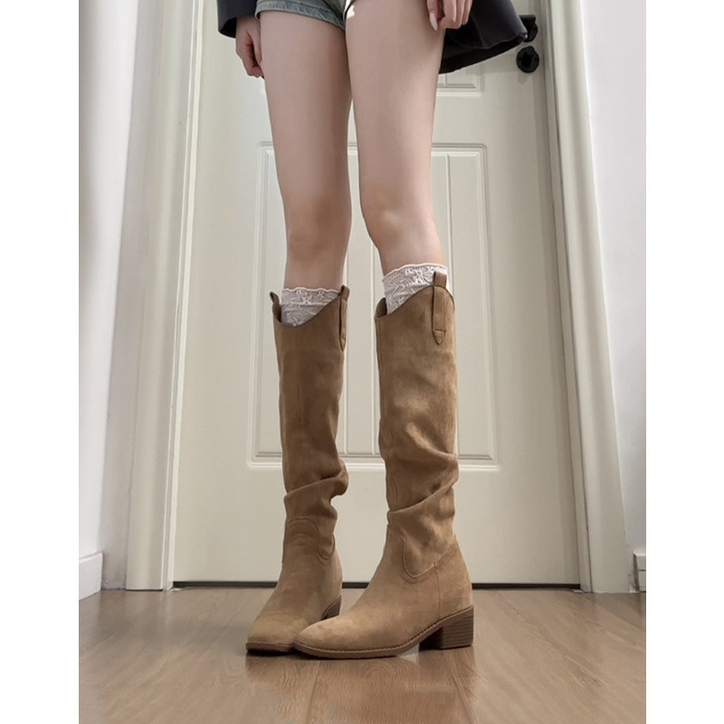 Fashionable version~ Petite women's suede pleated stacked boots 2026 autumn and winter new vintage chunky heel long riding boots Fashionable version~ Petite women's suede pleated stacked boots 2026 autumn and winter new vintage chunky heel long riding boots