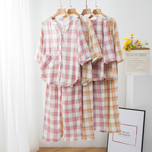 春夏新款纯棉双层纱布简约7分袖9分裤睡衣套装 全棉家居服 批发