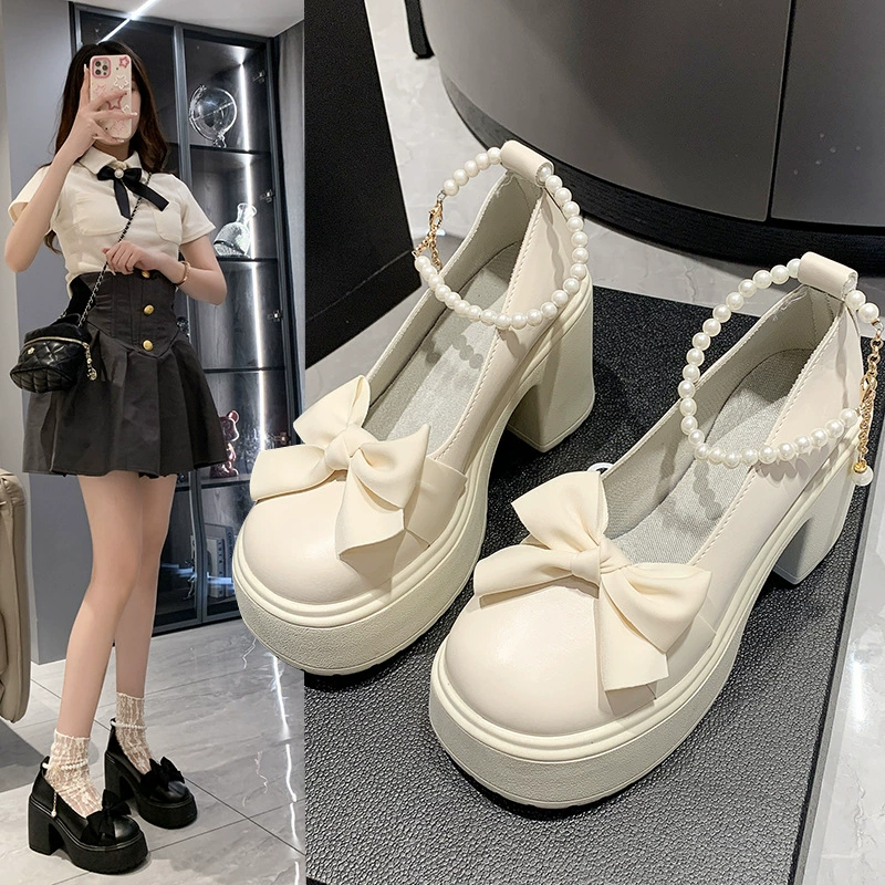 Туфли Мэри Джейн во французском стиле, женские туфли на весну и лето 2023, новые кожаные туфли с жемчугом и бантом на толстом каблуке в сказочном стиле