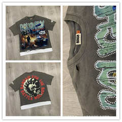 美潮RoughPlay RockOut T-Shirt白墨直喷纯棉洗水烫钻短袖T恤背心