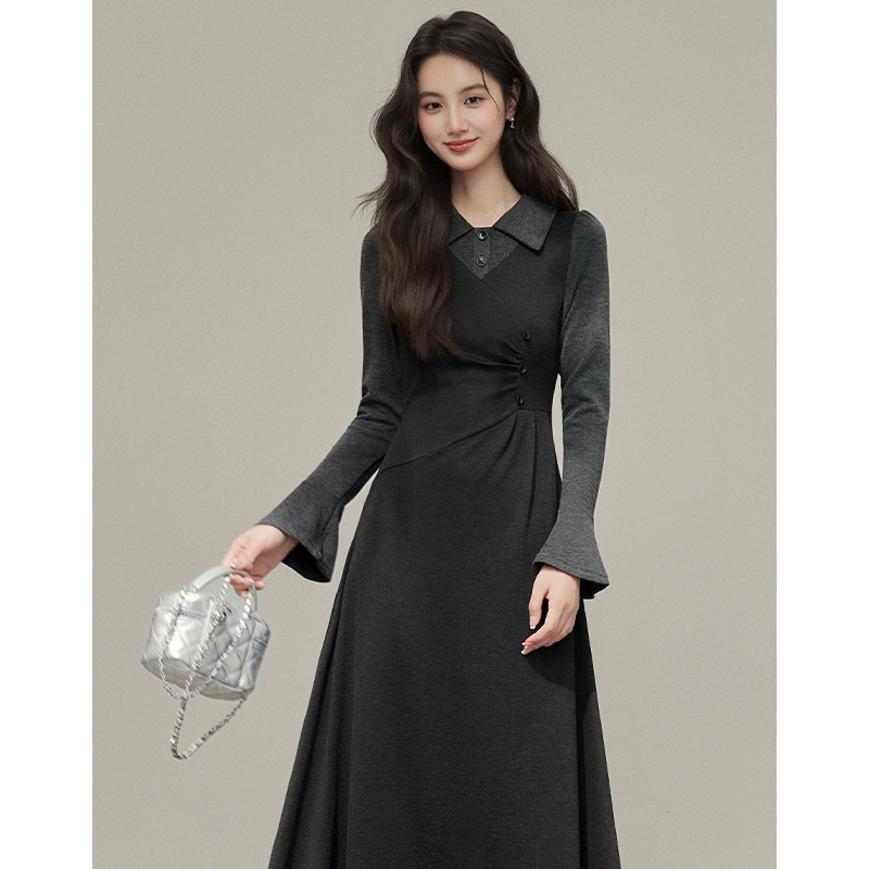 Spring New Style Simple and Elegant High-End Korean-Style Black Faux Two-Piece Long-Sleeve Slim-Fit Dress