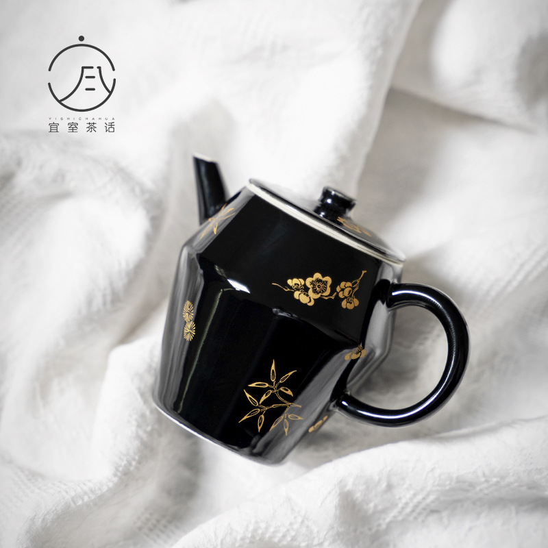 黑地烫金三友泡茶壶功夫茶具过滤球孔单壶复古小品壶 文人茶器