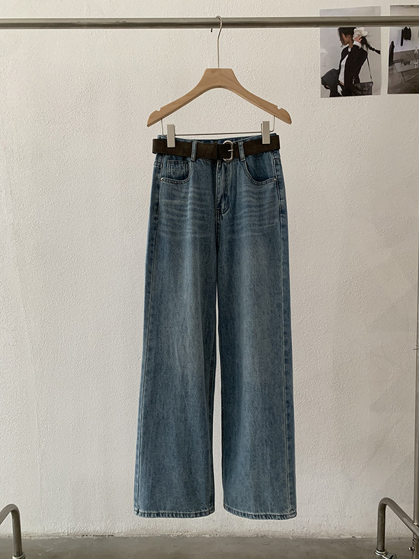 欧玛莱 早秋新品韩系高腰显瘦百搭洗水垂感腰带牛仔裤长裤女 4888|undefined