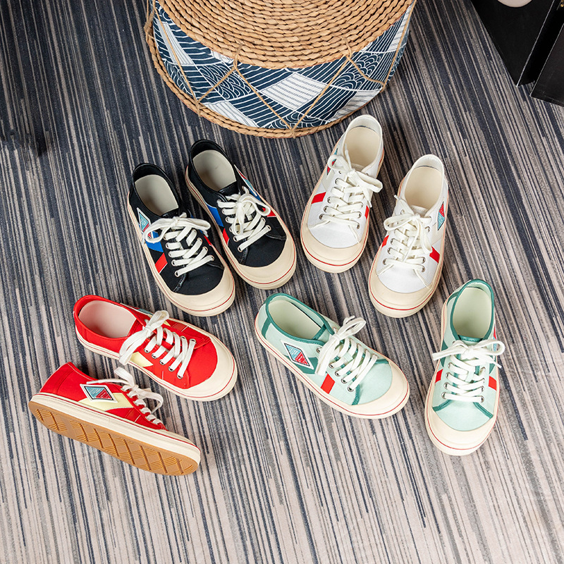 Genuine Leather Contrasting Color Low-Top Canvas Shoes for Women 2025 Sports and Leisure Colorful Red, Green, Black and White Lace-Up Ugly Shoes for Women