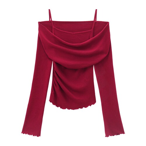 MR【Modal Cotton】False Two-Piece Shoulder-Strap Splicing Long-Sleeve Knit Top for Women, Autumn Mulberry Edge Base Layer