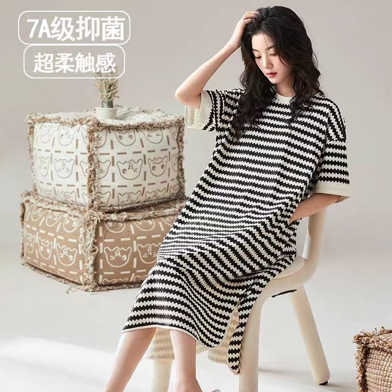 Nightdress with Chest Pad for Women, Summer Short Sleeve, Mid-Length Dress, Casual Stripe, Free Wear Underwear, Homewear, Casual Nightdress with Chest Pad for Women, Summer Short Sleeve, Mid-Length Dress, Casual Stripe, Free Wear Underwear, Homewear, Casual