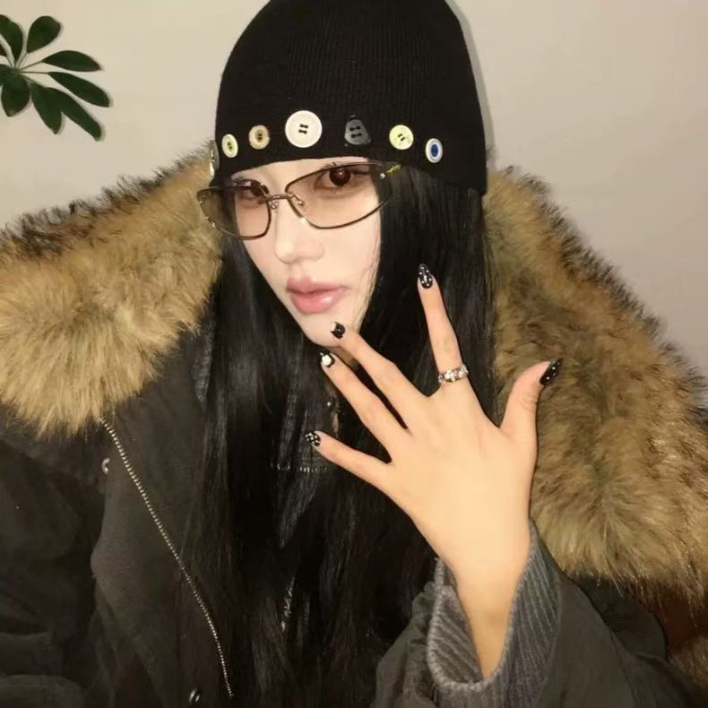 现-正确版本韩国东大门cc娜琏同款纽扣彩色扣子包头冷帽针织帽