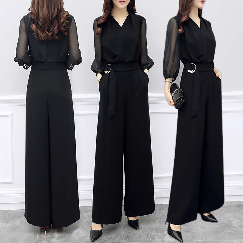 Spring and Autumn New High Waist Chiffon Jumpsuit Black Cropped Sleeve Slim-fit Slimming Elegant Wide Leg Jumpsuit for Women Spring and Autumn New High Waist Chiffon Jumpsuit Black Cropped Sleeve Slim-fit Slimming Elegant Wide Leg Jumpsuit for Women