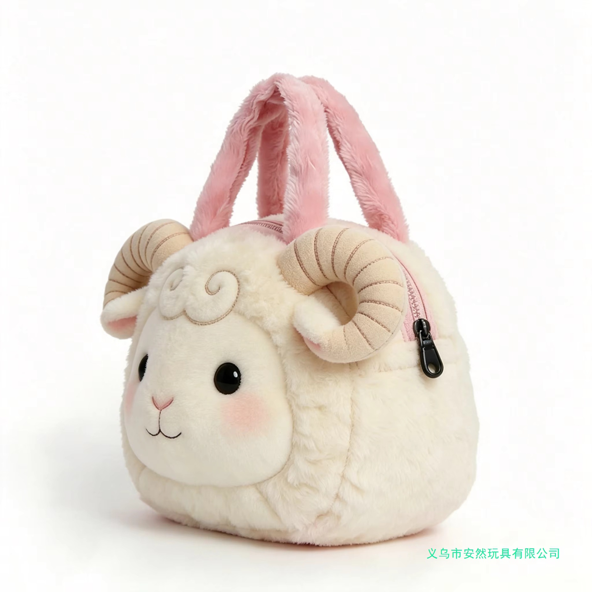 Customized fluffy sheepskin handbag with pink plush handle, cute children's sheepskin handbag, cream color