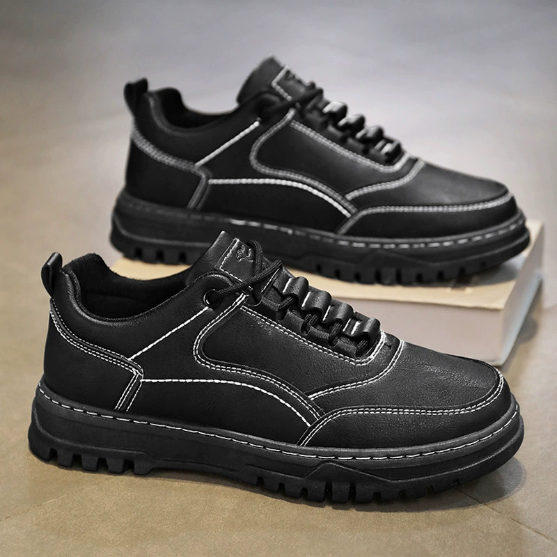 Новые мужские кожаные кроссовки осенью толстые подошвы увеличены черные рабочие повседневные кожаные ботинки спортивные дикие модные мужские туфли