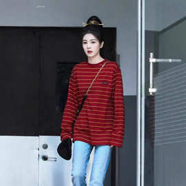 现货高版本miui家秋季新款复古撞色条纹长袖T恤女宽松打底衫上衣