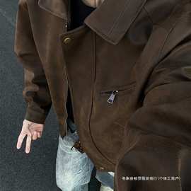 美拉德翻领PU皮夹克美式复古cleanfit短款工装机车外套男宽松上衣