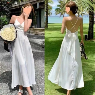 【有内里】吊带连衣裙女性感露背蝴蝶结白色中长裙法式复古裙子