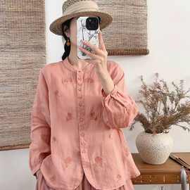 花社2026春夏新款苎麻刺绣小衫女文艺时尚百搭立领九分袖宽松开衫