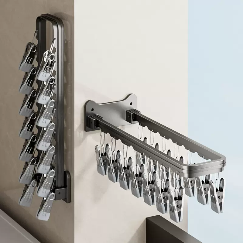 折叠晒袜子神器免打孔阳台壁挂多功能家用挂衣晾衣架多夹子晾晒架