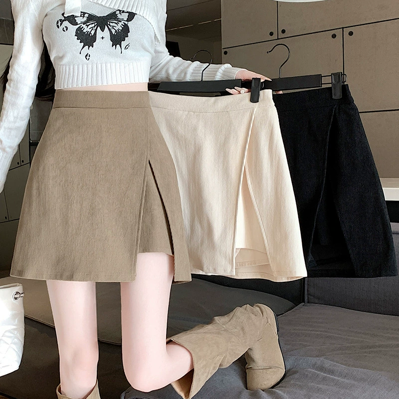 Реальный выстрел вельветовый вельвет с открытой вилкой юбка бедра женская 2024 осень и зима корейская версия анти-легкая черная юбка