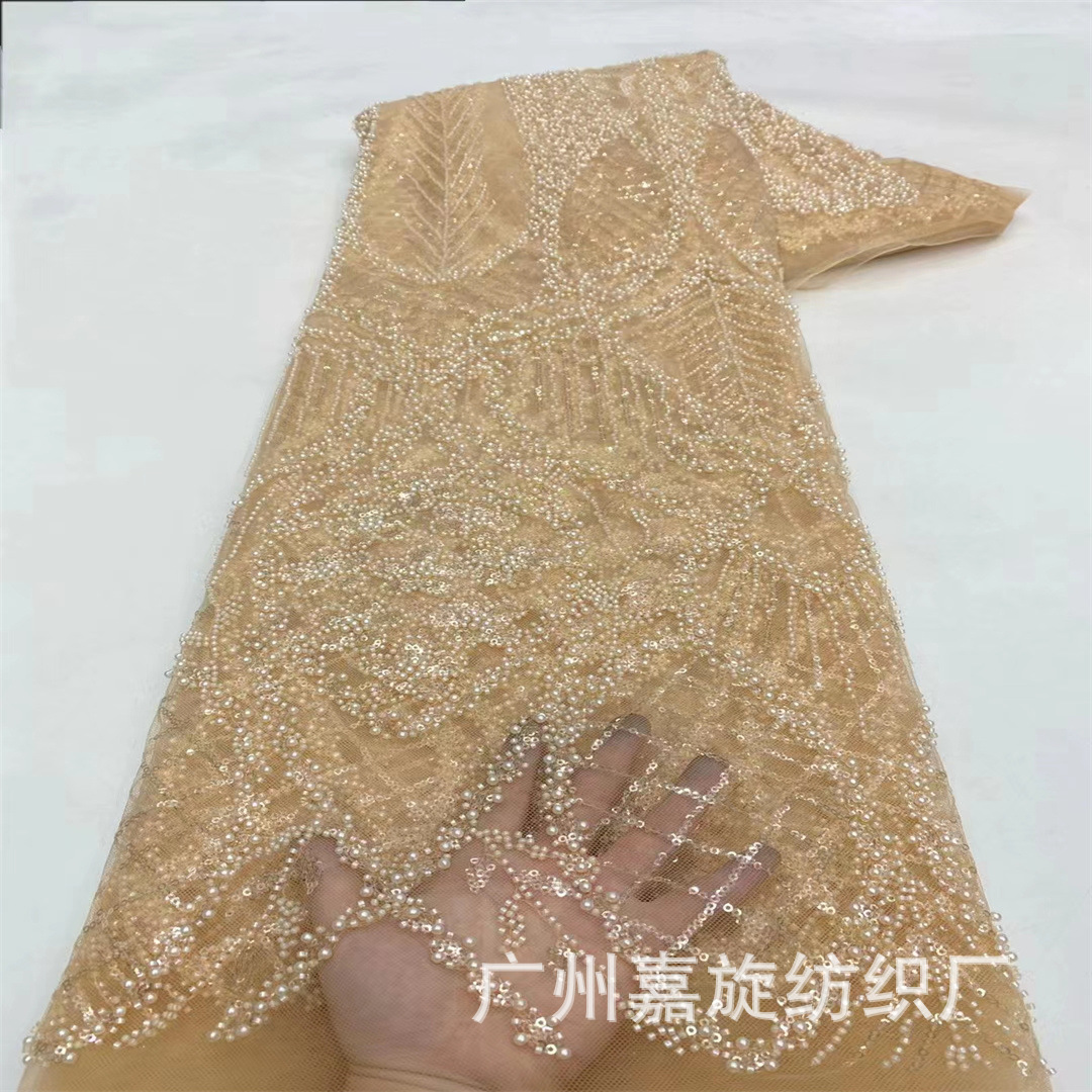 La industria pesada europea y americana perla lentejuelas bordado vestido de novia encaje africano nupcial falda tela boda jx4080