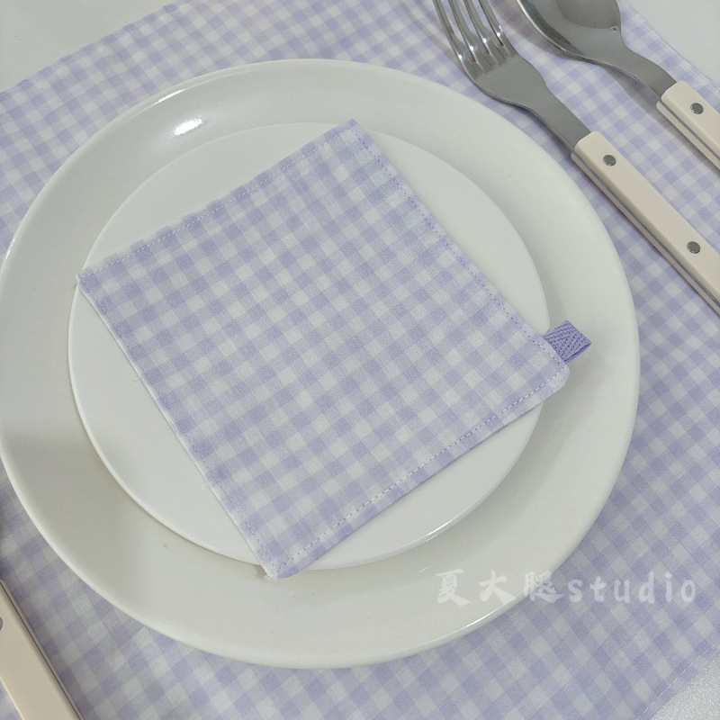 浅紫色格子ins风蝴蝶结花边餐布 自制厨房拍摄野餐道具背景小垫子|undefined