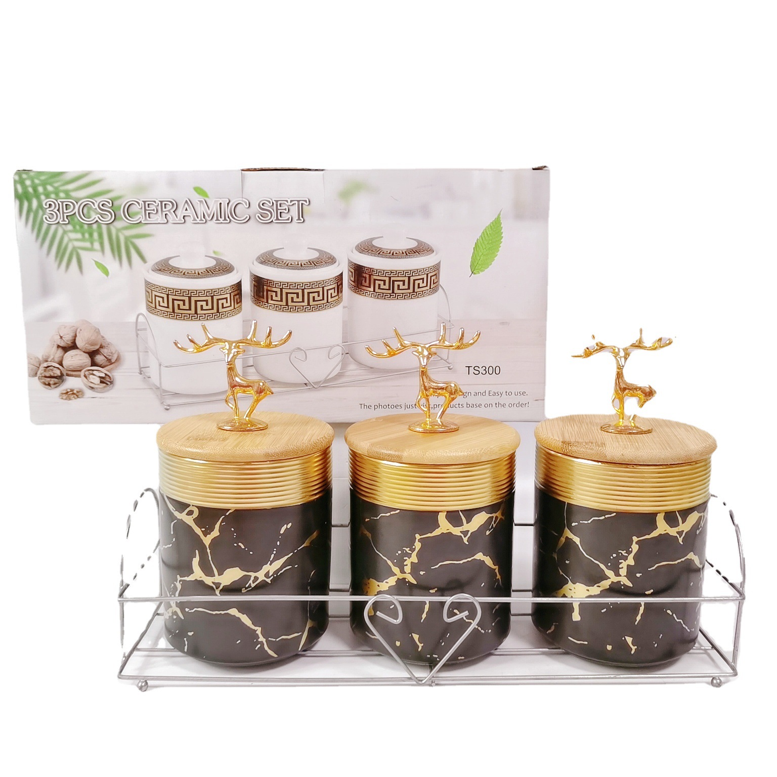 Exportación transfronteriza de almacenamiento de cerámica tarro galvanoplastia sellado tarro cocina condimento tarro con marco de hierro caramelo de almacenamiento tarro traje