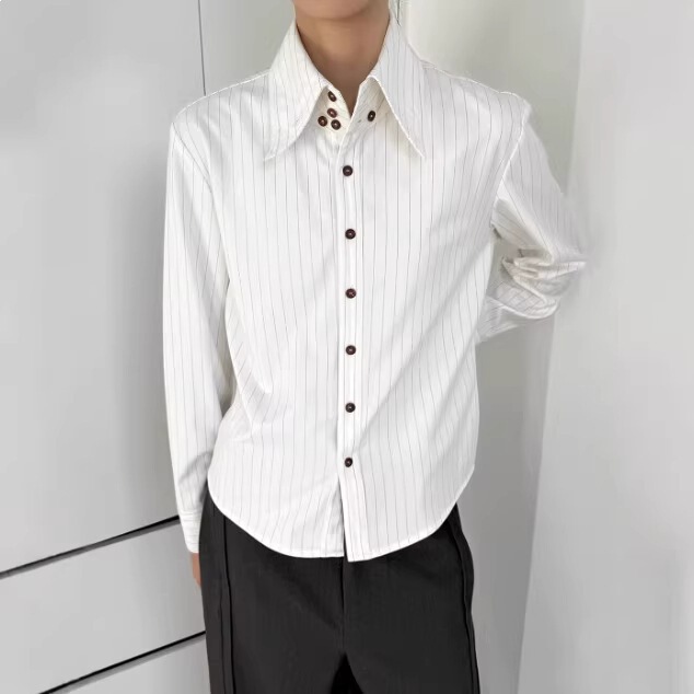 Hong Kong Style High Collar Striped Regular Shoulder Shirt Fitted Men's Long-Sleeve Shirt for Work, Elegant, Casual, Versatile, Trendy Hong Kong Style High Collar Striped Regular Shoulder Shirt Fitted Men's Long-Sleeve Shirt for Work, Elegant, Casual, Versatile, Trendy