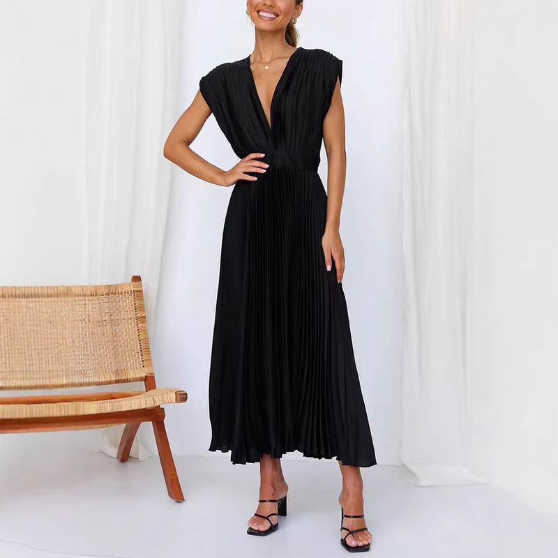 Women's Deep V-Neck Sleeveless Pleated Satin Texture Waist-Cinching Mid-Length Dress for Evening Parties and Dates