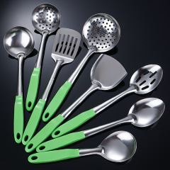ステンレス製キッチン用品8点セット 家庭用厚手鍋つかみセット フライパン用スプーン、ザル、揚げ物用スプーン付き